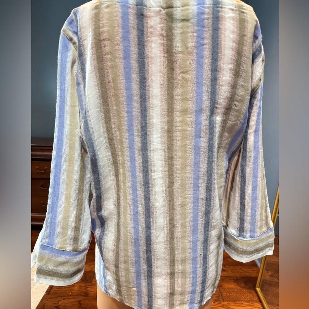 Striped Cotton Top Blue Tan Button Shoulder Relaxed Casual Blouse L - Picture 3 of 7
